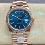 8+ factory rose gold diamond bezel blue dial Rolex Day-Date replica watch 